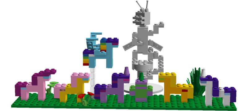 Size: 1357x607 | Tagged: 3d, applejack, artist:blast-dragon, derpibooru import, discord, fluttershy, lego, lego digital designer, mane seven, mane six, pinkie pie, rainbow dash, rarity, safe, spike, statue, twilight sparkle