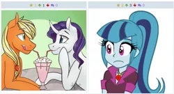 Size: 512x277 | Tagged: safe, derpibooru import, applejack, rarity, sonata dusk, derpibooru, equestria girls, exploitable meme, female, juxtaposition, juxtaposition win, lesbian, meme, meta, milkshake, rarijack, shipping