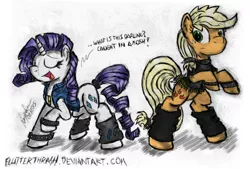 Size: 1400x944 | Tagged: safe, artist:flutterthrash, derpibooru import, applejack, rarity, anthrax, bracelet, female, heavy metal, leg warmers, lesbian, metal, mosh pit, rarijack, shipping, spiked wristband, spikes, thrash metal