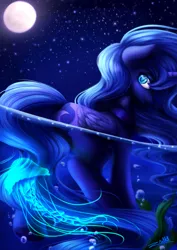 Size: 3507x4962 | Tagged: alicorn, artist:zodiacnicola, bubble, dead source, derpibooru import, female, folded wings, horn, jellyfish, looking back, moon, night sky, ocean, princess luna, safe, signature, smiling, solo, stars, underwater, water, wings
