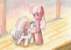 Size: 2332x1643 | Tagged: artist:souleatersaku90, cheerilee, comfort, comforting, commission, crying, derpibooru import, diamond tiara, fanfic, fanfic art, filly, foal, implied death, sad, safe, the simple life, traditional art, watercolor painting