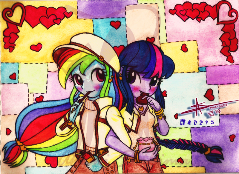 Size: 1200x874 | Tagged: safe, artist:shikimaakemi, derpibooru import, rainbow dash, twilight sparkle, twilight sparkle (alicorn), equestria girls, rainbow rocks, blushing, braid, chocolate, design, earring, female, hairclip, hat, heart, hearts and hooves day, holding, humanized, lesbian, necklace, pattern, pocky, ponytail, shipping, twidash, valentine's day, watermark