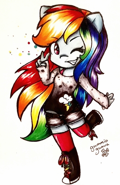 Size: 867x1337 | Tagged: anthro, artist:gummigator, chibi, derpibooru import, peace sign, rainbow dash, safe, solo, traditional art, wink