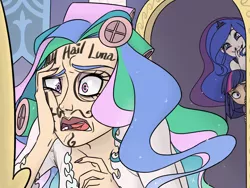 Size: 1600x1200 | Tagged: artist:thelivingmachine02, celestia is not amused, derpibooru import, face doodle, frown, grin, hair curlers, horrified, human, humanized, lip bite, lipstick, nail polish, open mouth, prank, prankster luna, princess celestia, princess luna, princess luna is amused, safe, scared, smiling, this will end in tears and/or a journey to the moon, trolluna, twilight sparkle, varying degrees of amusement, wide eyes