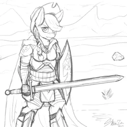 Size: 540x540 | Tagged: anthro, applejack, armor, artist:shinzm, derpibooru import, monochrome, my little art challenge, safe, shield, solo, sword