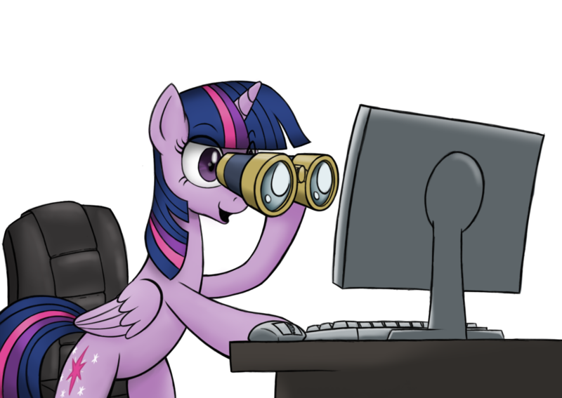 Size: 1200x850 | Tagged: safe, artist:anearbyanimal, derpibooru import, twilight sparkle, twilight sparkle (alicorn), ponified, alicorn, pony, binoculars, chair, computer, female, mare, reaction image, solo