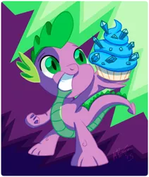 Size: 476x565 | Tagged: artist:affinityshy, cupcake, derpibooru import, dragon, food, gem, safe, sapphire, sapphire cupcake, smiling, solo, spike, spike day