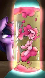 Size: 2300x4000 | Tagged: alicorn, artist:madacon, derpibooru import, duo, eyes closed, glow, lava lamp, lava lamp pony, open mouth, pinkie pie, safe, smiling, surreal, twilight sparkle, twilight sparkle (alicorn)