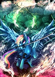 Size: 707x1000 | Tagged: artist:denparasaito, badass, color porn, derpibooru import, katana, lightning, mouth hold, pixiv, rainbow dash, safe, solo, sword, weapon