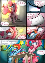 Size: 1700x2400 | Tagged: artist:madacon, bait and switch, board game, comic, couch, derpibooru import, ear fluff, fanfic:cupcakes, fangs, monopoly, mood whiplash, pinkie pie, rainbow dash, safe, shrunken pupils, stairs, table