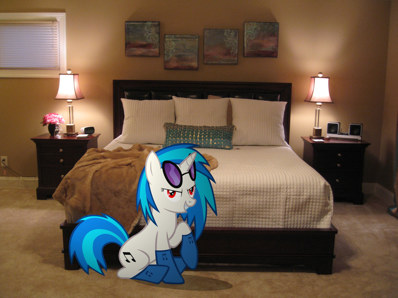 Size: 1600x1200 | Tagged: questionable, artist:goldenacorn93, artist:hachaosagent, derpibooru import, vinyl scratch, pony, unicorn, bed, bedroom, bedroom eyes, clothes, cutie mark, female, hooves, horn, irl, lamp, mare, painting, photo, ponies in real life, red eyes, shadow, sitting, smiling, socks, solo, sunglasses, teeth, vector