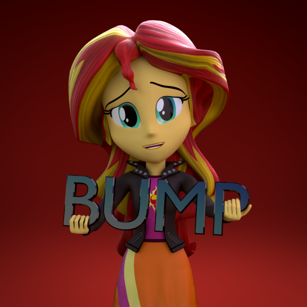 Size: 1000x1000 | Tagged: safe, artist:3d thread, artist:creatorofpony, derpibooru import, sunset shimmer, equestria girls, /mlp/, 3d, 3d model, blender, bump, cheer up, clothes, empathy, holding, shirt, skirt, solo