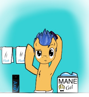 Size: 298x326 | Tagged: dead source, safe, artist:askcockyflash, derpibooru import, flash sentry, pony, armpits, bathroom, bipedal, comb, deodorant, hair gel, johnny bravo, solo