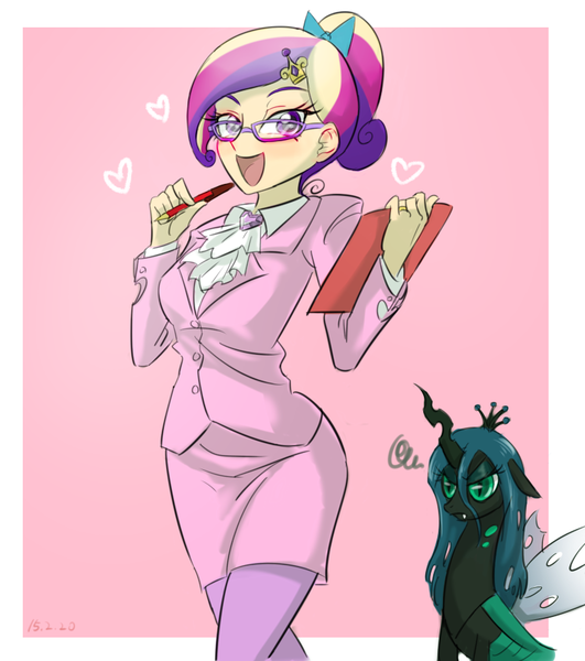 Size: 770x870 | Tagged: angry, artist:ta-na, bow, business suit, clothes, derpibooru import, dress suit, female, glasses, heart, human, humanized, open mouth, pen, princess cadance, queen chrysalis, safe, spread wings, suit