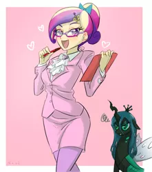 Size: 770x870 | Tagged: angry, artist:ta-na, bow, business suit, clothes, derpibooru import, dress suit, female, glasses, heart, human, humanized, open mouth, pen, princess cadance, queen chrysalis, safe, spread wings, suit