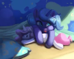 Size: 2500x2000 | Tagged: safe, artist:verrmont, derpibooru import, princess luna, alicorn, pony, blanket, filly, morning ponies, plushie, prone, solo, tongue out, woona