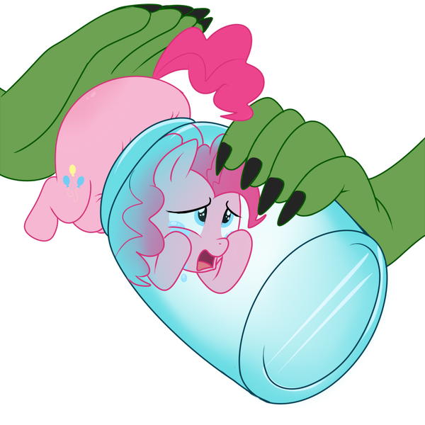 Size: 1000x1000 | Tagged: semi-grimdark, artist:diablo2000, artist:madmax, derpibooru import, pinkie pie, bottle, captured, chubby, crying, fat, hand, image, pinkiebuse, png, pony in a bottle, scared, tiny ponies