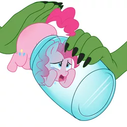 Size: 1000x1000 | Tagged: semi-grimdark, artist:diablo2000, artist:madmax, derpibooru import, pinkie pie, bottle, captured, chubby, crying, fat, hand, image, pinkiebuse, png, pony in a bottle, scared, tiny ponies