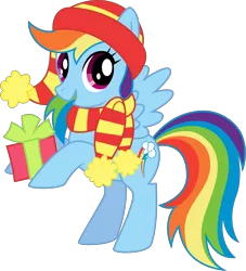 Size: 7250x8000 | Tagged: dead source, safe, artist:the-aziz, derpibooru import, rainbow dash, pegasus, pony, absurd resolution, bipedal, christmas, clothes, female, holding, holding a present, hoof hold, mare, open mouth, present, scarf, simple background, solo, stock vector, svg, transparent background, vector