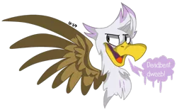 Size: 1024x636 | Tagged: safe, artist:dizzee-toaster, derpibooru import, gilda, gryphon, dialogue, guilder, rule 63, simple background, solo, transparent background