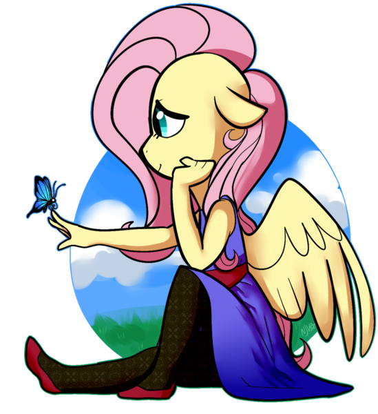 Size: 1024x1119 | Tagged: safe, artist:chandelurres, derpibooru import, fluttershy, anthro, butterfly, clothes, dress, solo