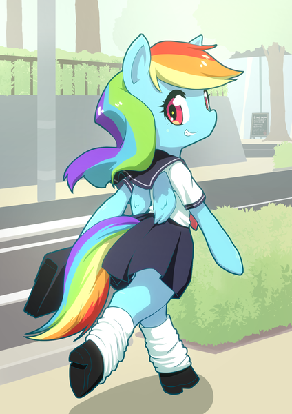 Size: 2893x4092 | Tagged: safe, artist:siagia, derpibooru import, rainbow dash, pegasus, pony, semi-anthro, bipedal, clothes, image, png, rainbow dash always dresses in style, school uniform, solo