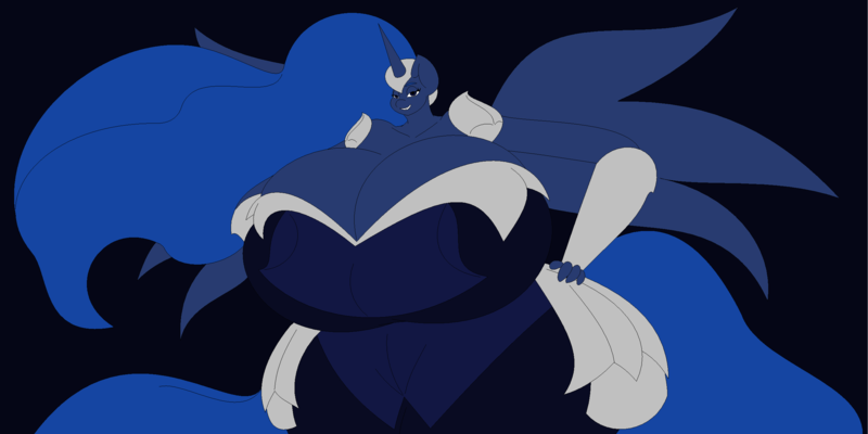 Size: 2569x1283 | Tagged: anthro, armor, artist:two-ton-neko, bedroom eyes, big breasts, breasts, busty nightmare moon, busty princess luna, cleavage, derpibooru import, female, hips, hourglass figure, huge breasts, hyper breasts, impossibly large breasts, impossibly wide hips, nightmare moon, princess luna, questionable, smiling, solo, solo female, spread wings, thighs, thunder thighs, wide hips