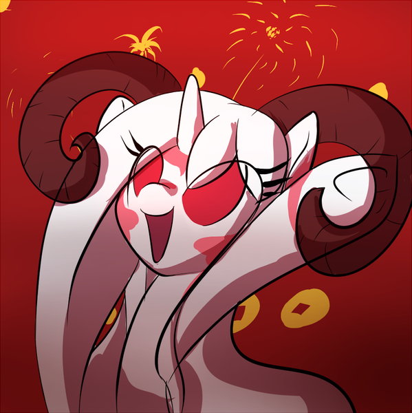 Size: 900x901 | Tagged: artist:celerypony, blushing, cheering, cute, derpibooru import, happy, horns, lunar new year, oc, oc:celery, open mouth, safe, sheep, smiling, solo, underhoof, unofficial characters only, year of the sheep