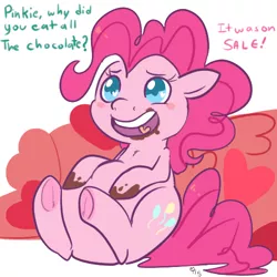 Size: 500x500 | Tagged: safe, artist:mt, derpibooru import, pinkie pie, belly, chocolate, chubby, cute, dialogue, diapinkes, heart eyes, hoof fluff, messy eating, offscreen character, open mouth, solo, underhoof, wingding eyes