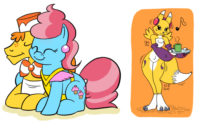 Size: 1024x640 | Tagged: safe, artist:cngsoft, derpibooru import, carrot cake, cup cake, anthro, earth pony, pony, renamon, anthro with ponies, carrot cup, digimon, eyes closed, female, headphones, male, mare, shipping, simple background, snuggling, stallion, straight, white background