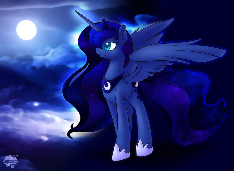 Size: 1125x825 | Tagged: safe, artist:skyheavens, derpibooru import, princess luna, flying, moon, night, solo