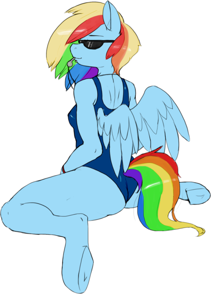 Size: 1315x1836 | Tagged: anthro, artist:miketheuser, artist:rinku, ass, clothes, colored, color edit, derpibooru import, edit, female, one-piece swimsuit, piercing, rainbow dash, simple background, solo, solo female, spread wings, suggestive, sukumizu, sunglasses, swimsuit, transparent background, underhoof, unguligrade anthro, wedgie, whistle