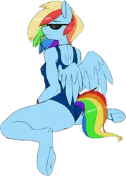 Size: 1315x1836 | Tagged: anthro, artist:miketheuser, artist:rinku, ass, clothes, colored, color edit, derpibooru import, edit, female, one-piece swimsuit, piercing, rainbow dash, simple background, solo, solo female, spread wings, suggestive, sukumizu, sunglasses, swimsuit, transparent background, underhoof, unguligrade anthro, wedgie, whistle