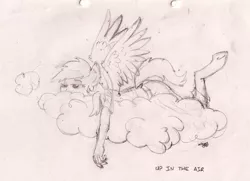 Size: 5158x3740 | Tagged: anthro, artist:greenlinzerd, cloud, derpibooru import, extra pony, monochrome, morning ponies, morning wing, morning wood, pegasus, rainbow dash, safe, sketch, sleepy, solo, tired, traditional art, unguligrade anthro, wingboner, wip