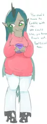 Size: 369x966 | Tagged: safe, artist:mt, derpibooru import, oc, oc:catrine, unofficial characters only, changeling, satyr, clothes, heart eyes, mug, offspring, pants, parent:queen chrysalis, solo, sweater, wingding eyes