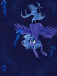 Size: 768x1024 | Tagged: safe, artist:pixelthepegasus, derpibooru import, princess luna, alicorn, jellyfish, pony, blue background, blue eyes, blue mane, blue tail, bubble, crepuscular rays, digital art, ethereal mane, ethereal tail, feather, female, flowing mane, flowing tail, horn, image, jpeg, long horn, mare, ocean, puffy cheeks, s1 luna, signature, simple background, smiling, solo, spread wings, swimming, tail, underwater, water, wings