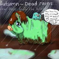 Size: 500x500 | Tagged: artist:artist-kun, crying, derpibooru import, drenched, fluffy pony, fluffy pony foal, fluffy pony grimdark, foal, grimdark, mud, poop, puddles, rain, wet mane, winter is coming