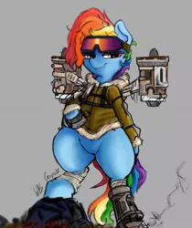 Size: 902x1075 | Tagged: safe, artist:greyscaleart, derpibooru import, rainbow dash, pony, amputee, augmented, bipedal, clothes, female, glasses, goggles, implied amputation, jacket, jetpack, looking at you, machine, mare, prosthetic leg, prosthetic limb, prosthetic wing, prosthetics, signature, solo, standing, sunglasses