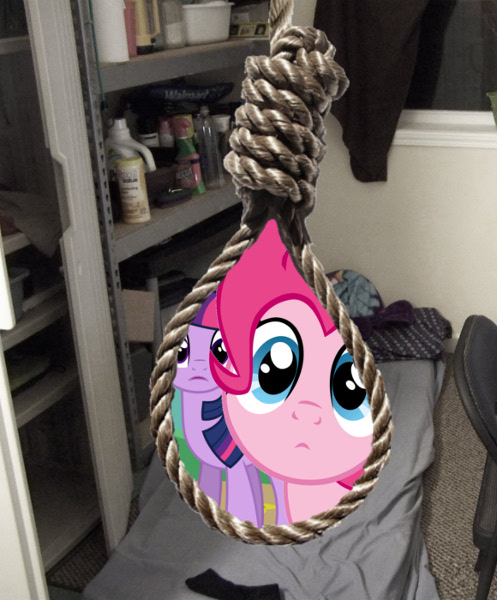 Size: 497x600 | Tagged: semi-grimdark, derpibooru import, pinkie pie, twilight sparkle, pony, female, imminent suicide, implied hanging, mare, noose, portal to equestria, the equestria after death