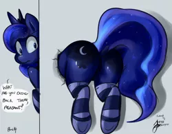 Size: 1900x1484 | Tagged: suggestive, artist:bluntwhiskey, colorist:stingray970, derpibooru import, princess luna, alicorn, pony, buttstuck, clothes, colored, dialogue, dock, female, frown, full body glory hole, looking at you, looking back, mare, moonbutt, plot, socks, solo, solo female, striped socks, stuck, through wall, underhoof, wide eyes