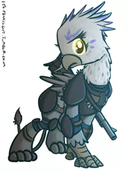 Size: 1204x1621 | Tagged: safe, artist:itspencilguy, derpibooru import, oc, oc:kyra, unofficial characters only, gryphon, fallout equestria, fallout equestria: wasteland economics, armor, frown, gun, looking at you, rifle, weapon