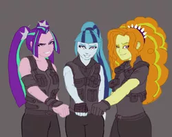 Size: 1000x800 | Tagged: safe, artist:kul, derpibooru import, adagio dazzle, aria blaze, sonata dusk, equestria girls, colored, crossover, fist, grin, pose, scene parody, the dazzlings, the shield, wwe