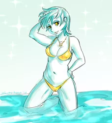 Size: 1072x1174 | Tagged: artist:superkeen, belly button, bikini, breasts, busty lyra heartstrings, cameltoe, clothes, cutie mark necklace, derpibooru import, erect nipples, female, human, humanized, lyra heartstrings, nipple outline, pony coloring, suggestive, swimsuit, yellow swimsuit