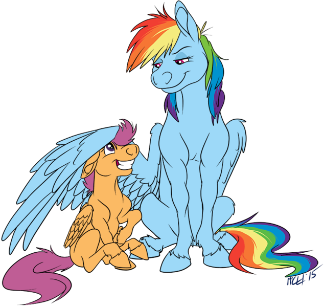 Size: 811x768 | Tagged: safe, artist:carnivorouscaribou, derpibooru import, rainbow dash, scootaloo, horse, pegasus, pony, :t, eye contact, female, filly, floppy ears, grin, hug, leg fluff, lidded eyes, looking at each other, mare, raised hoof, scootalove, simple background, sitting, smiling, smirk, squee, transparent background, unshorn fetlocks, wing fluff, winghug