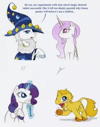 Size: 752x952 | Tagged: safe, artist:ravenpuff, deleted from derpibooru, derpibooru import, princess celestia, rarity, star swirl the bearded, oc, oc:kiba, classical unicorn, pony, unicorn, annoyed, beard, blushing, cloven hooves, curved horn, female, floppy ears, frown, glowing horn, horn, leonine tail, magic, mare, open mouth, pink-mane celestia, pointing, raised hoof, rule 63, shaving, smiling, telekinesis, underhoof, unshorn fetlocks