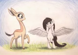 Size: 1060x753 | Tagged: safe, artist:thefriendlyelephant, derpibooru import, oc, oc:coconut cake, oc:nuk, unofficial characters only, antelope, gerenuk, pegasus, pony, animal in mlp form, big ears, big eyes, bipedal, duo, eeee, fangirling, feather, grass, grin, long neck, open mouth, raised hoof, smiling, spread wings, squee, surprised, traditional art, wide eyes