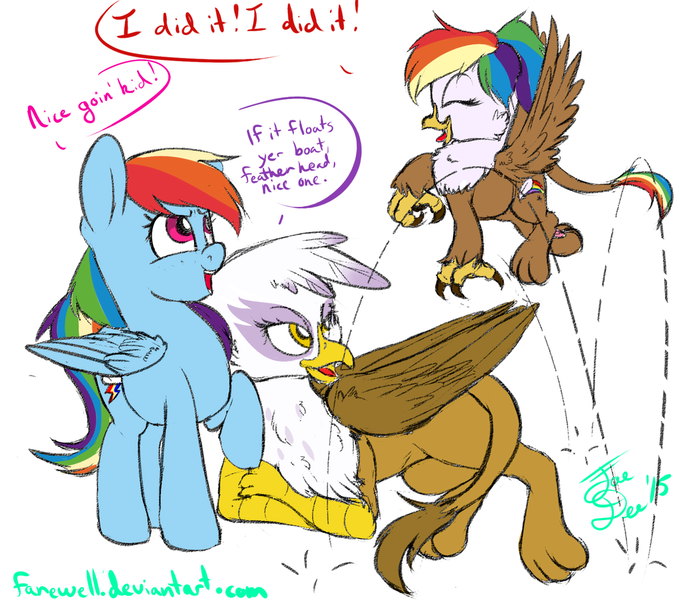 Size: 1024x902 | Tagged: safe, artist:farewelldecency, deleted from derpibooru, derpibooru import, gilda, rainbow dash, oc, oc:rainbow feather, gryphon, backwards cutie mark, cute, daughter, family, female, gildash, interspecies offspring, lesbian, magical lesbian spawn, mother and daughter, offspring, parent:gilda, parent:rainbow dash, parents:gildash, shipping