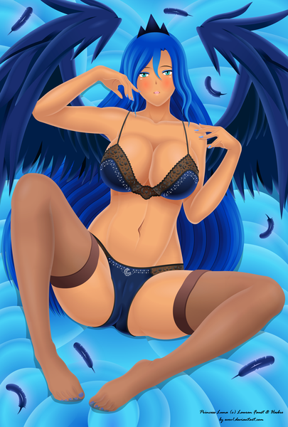 Size: 1296x1920 | Tagged: armpits, artist:evov1, bed, belly button, big breasts, blue underwear, blushing, bra, breasts, busty princess luna, cameltoe, cleavage, clothes, cutie mark underwear, derpibooru import, feather, feet, female, frilly underwear, human, humanized, lingerie, nail polish, panties, princess luna, questionable, solo, solo female, stockings, underwear, winged humanization, wings