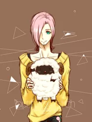 Size: 600x800 | Tagged: artist:konnosatsuki, butterscotch, clothes, derpibooru import, fluttershy, human, humanized, rule 63, safe, sheep, solo, sweatershy