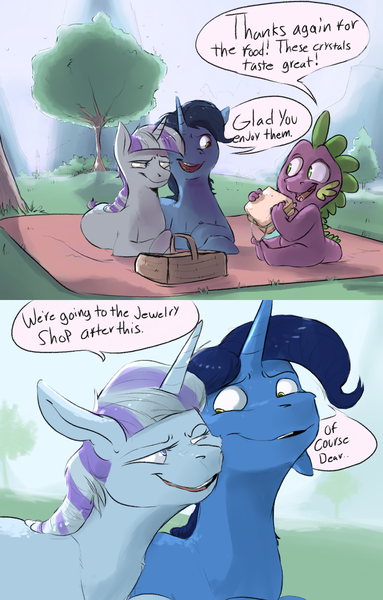 Size: 1280x2004 | Tagged: safe, artist:imsokyo, derpibooru import, night light, spike, twilight velvet, dragon, pony, unicorn, daily life of spike, 2 panel comic, comic, dialogue, female, fluffy, glare, male, mare, necklace, nervous, nightvelvet, nuzzling, open mouth, picnic, prone, sandwich, smiling, speech bubble, spike's family, stallion, sweat, wide eyes